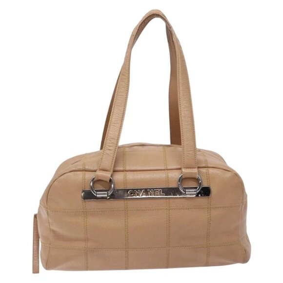 CHANEL Choco Bar Hand Bag Grained Calf Skin Beige Silver CC Auth 133063 - Picture 2 of 16